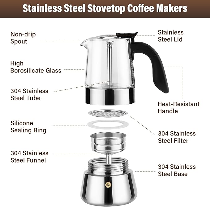 Moka Pot-Portable Stovetop Espresso Maker, Borosilicate Glass & Stainless Steel Percolator Coffee Maker 6 Cups (240ml/8.5oz)