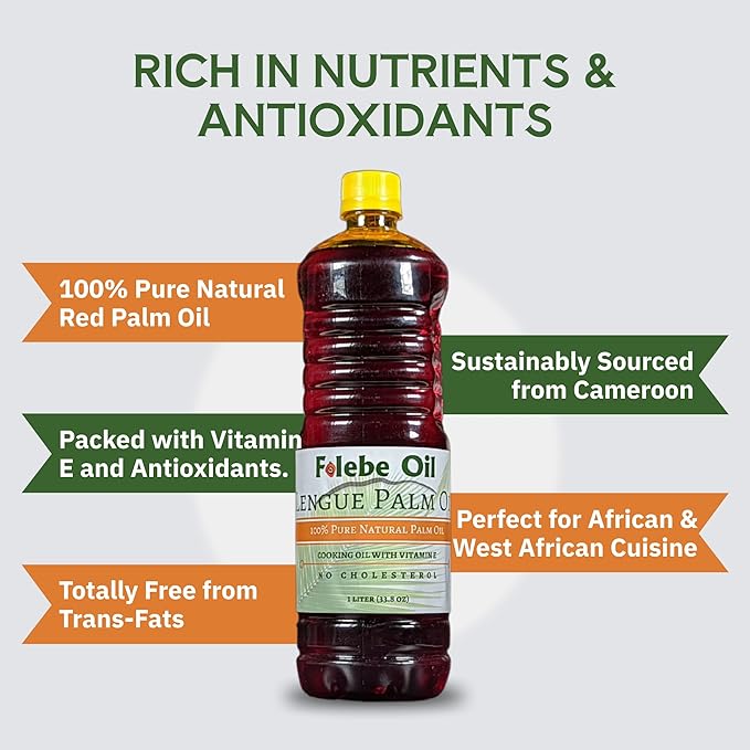 Folebe Oil 5L 100% Pure Natural Red Palm Oil ??Authentic Cameroonian Palm Oil for Cooking ??Cold-Pressed from Palm Pulp ??Rich in Nutrients, Carotenoids, Natural Vitamin E