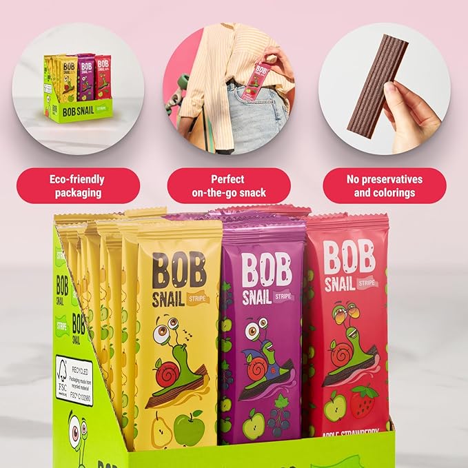 BOB SNAIL Healthy Organic Fruit Snacks for Kids and Adults??0 Organic Fruit Leather Snacks with Apple-Pear, Strawberry, Black Currant?밮egan Low-Carb Variety Pack Strips for Kids?밪ugar Free Jerky Bars