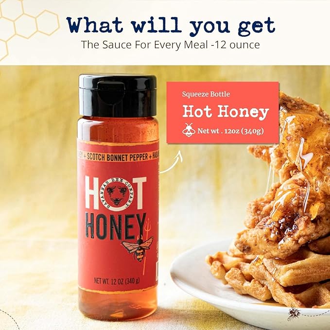 Savannah Bee Company Hot Honey Gluten Free and 100% Pure Honey Infused with Sweet Wildflower- Heat from Scotch Bonnet and Habanero Peppers 12 oz Squeeze Bottle