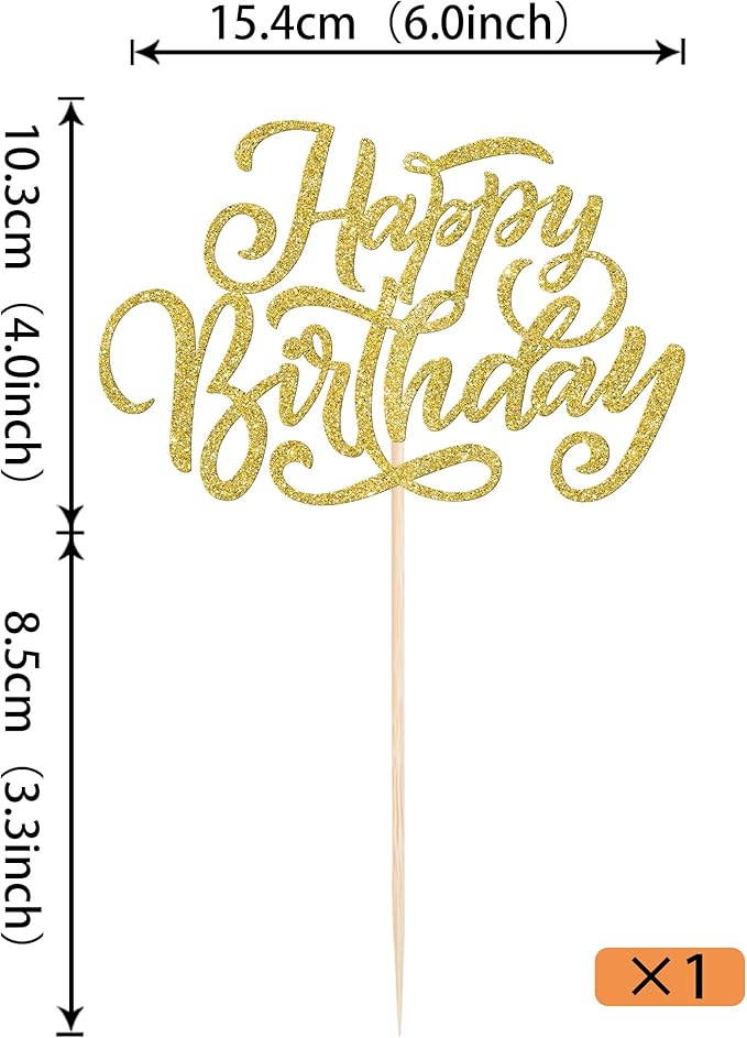 Rsstarxi 1 Pack Golden Glitter Happy Birthday Cake Topper Birthday Cake Pick Men Women Birthday Cake Decorations for Happy Birthday Theme Anniversary Party Cake Decorations