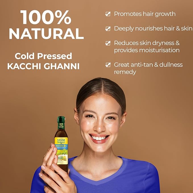 Nihar Naturals Kacchi Ghani Mustard Oil| Cold Pressed| 100% Pure Mustard Oil| For Skin, Hair Care & Body Massage| Enriched with Omega 3 & Natural Anti-Oxidants| 33.8 Fl.oz.