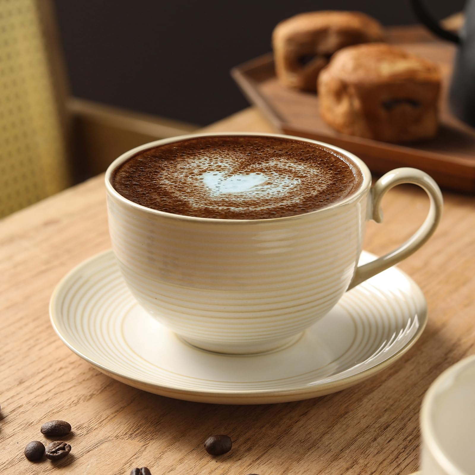Feenmai 12Oz Coffee Cups with Saucers, Ceramic Espresso Cup Set of 4, Cappuccino Cups Set, Tea Mugs