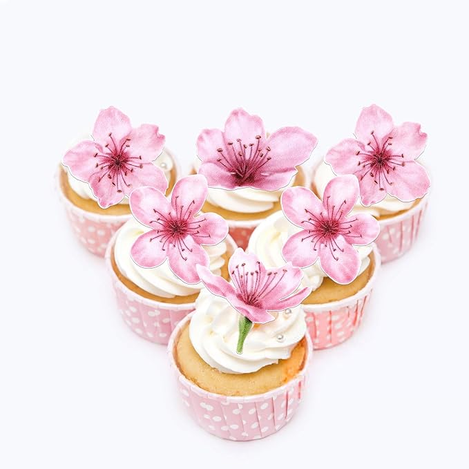 40 Pack Edible Cherry Blossom Cupcake Toppers Cherry Flowers Cake Toppers Rice Paper Wafer Paper Cupcake Picks for Cherry Blossom Baby Shower Kids Birthday Cupcake Decorations