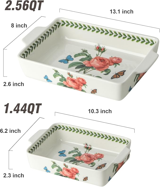 Ceramic Baking Casserole Dish with Handles, Large 8x13 inch & 6x10 inch Pan and Middle Baking Pan - Porcelain Serving Bakeware Set (Pink rose)