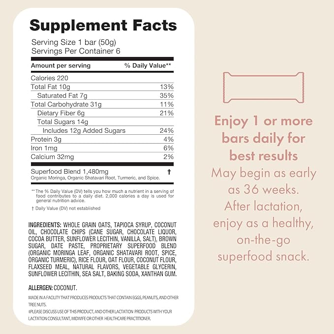 Boobie Bar Superfood Oatmeal Chocolate Chip Lactation Bar for Breastfeeding Moms to Increase Milk Supply | #1 Selling Lactation Snack Bars | Vegan, Fenugreek-Free, Gluten-Free, Dairy-Free (12 Bars)