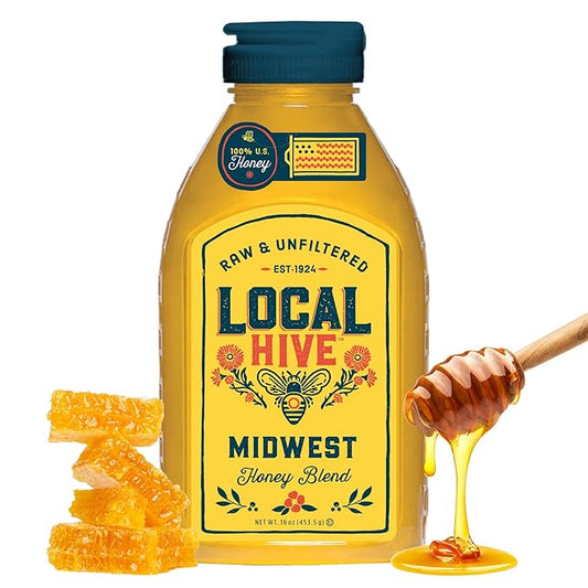 Local Hive Midwest Raw Unfiltered Honey – 16 oz, 100% Pure US Honey, Sourced from American Bees and Beekeepers - Natural Sweetener, Ideal for Tea, Baking, and Cooking
