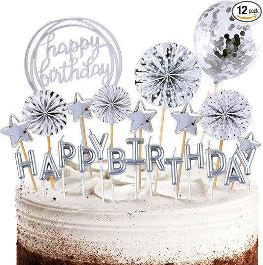 BEAN LIEVE Birthday Candles Set - Cake Topper Decoration with Cake Candles Confetti Balloon Stars and Fan Cupcake Toppers 12 Pieces Birthday Cake Decor for Birthday Party Celebration (Silver)