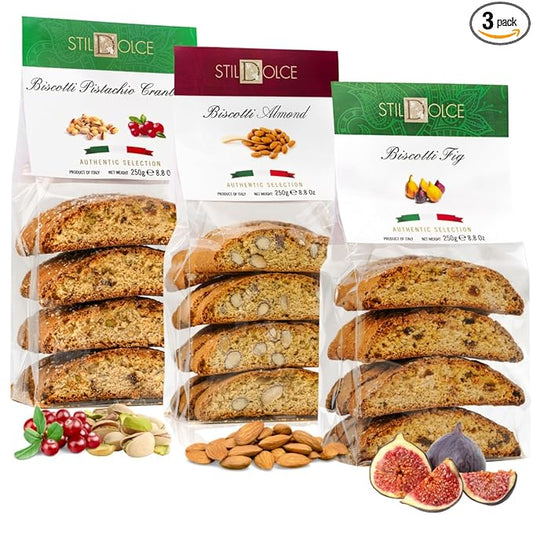 Stildolce Semi-Soft Italian Biscotti Cookies Variety Pack ??Almond, Fig, Pistachio Cranberry | Made in Tuscany, Italy | Gourmet Biscuits, No Preservatives, 8.8 oz Bags, Pack of 3
