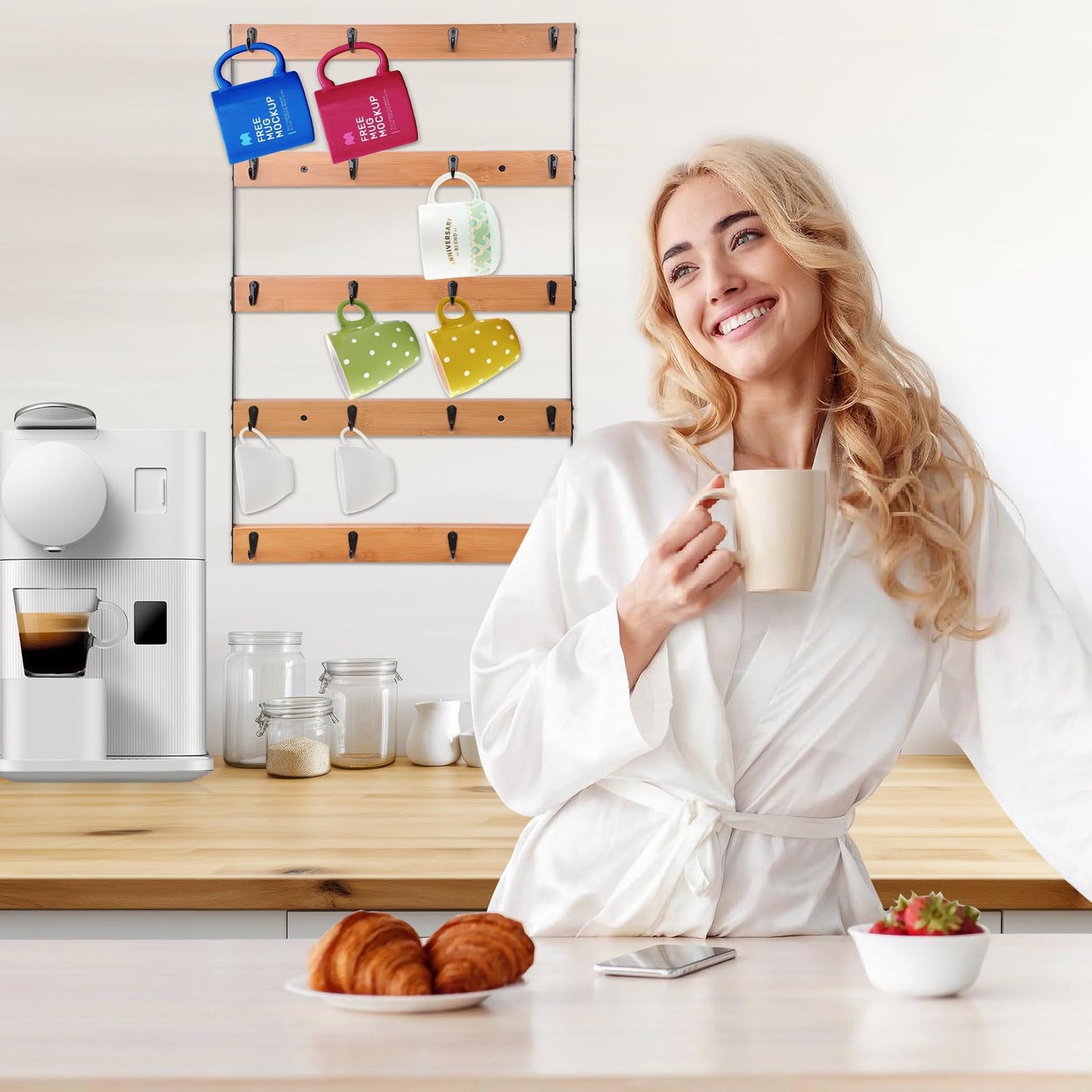 Aomomery Wall Mounted Coffee Mug Holder, Large 5 Tier Shelf with 20 Hooks for Cups, Rustic Wooden