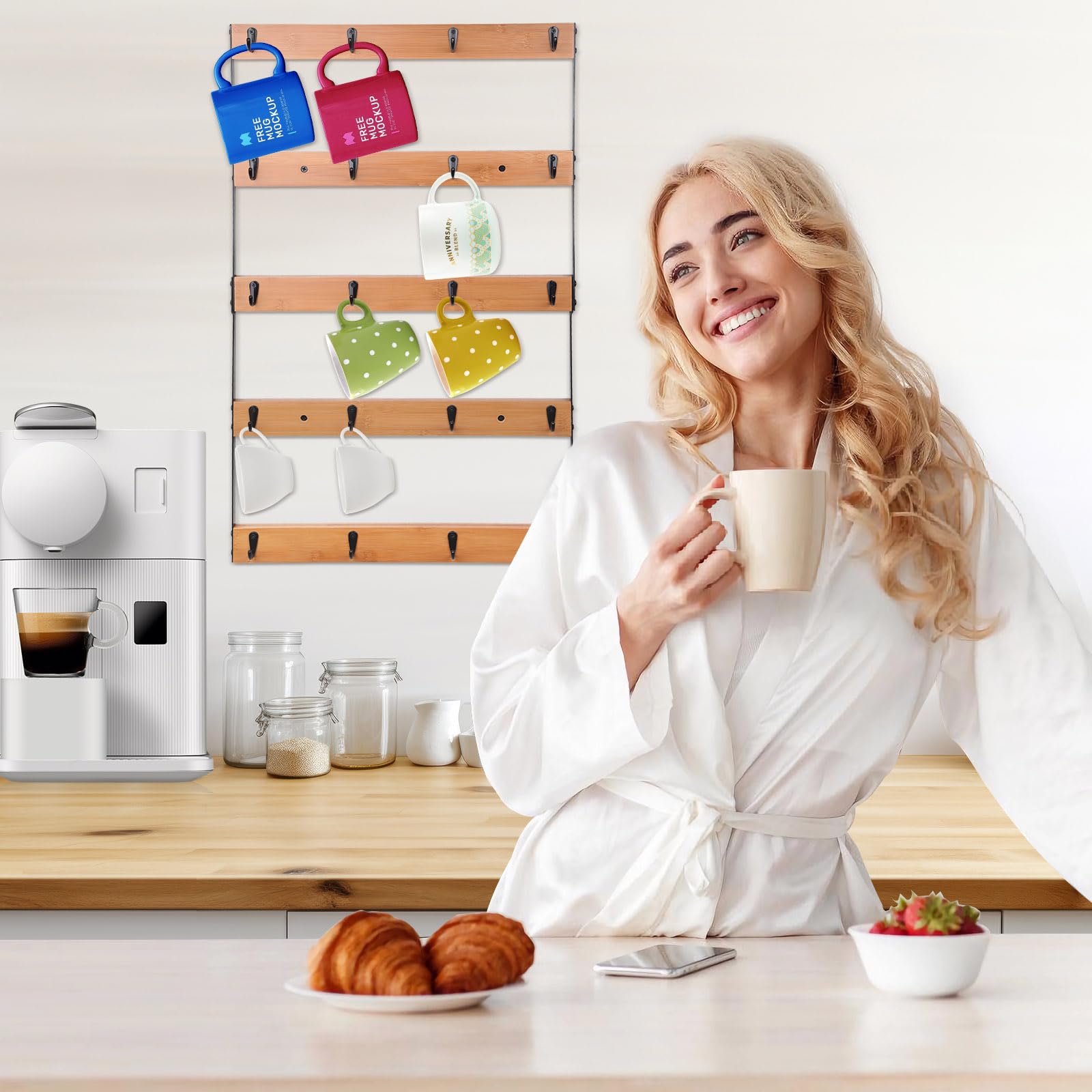Aomomery Wall Mounted Coffee Mug Holder, Large 5 Tier Shelf with 20 Hooks for Cups, Rustic Wooden