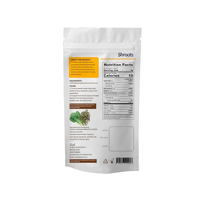 SHROOTS Dehydrated Spinach (Palak) Leaves Flakes Pure Vegetarian Gluten-Free No Added Salt Easy Cooking Essential Machine Dried Vegetables with Natural Aroma Ideal for Everyday Meals 1.06 oz Pack of 1