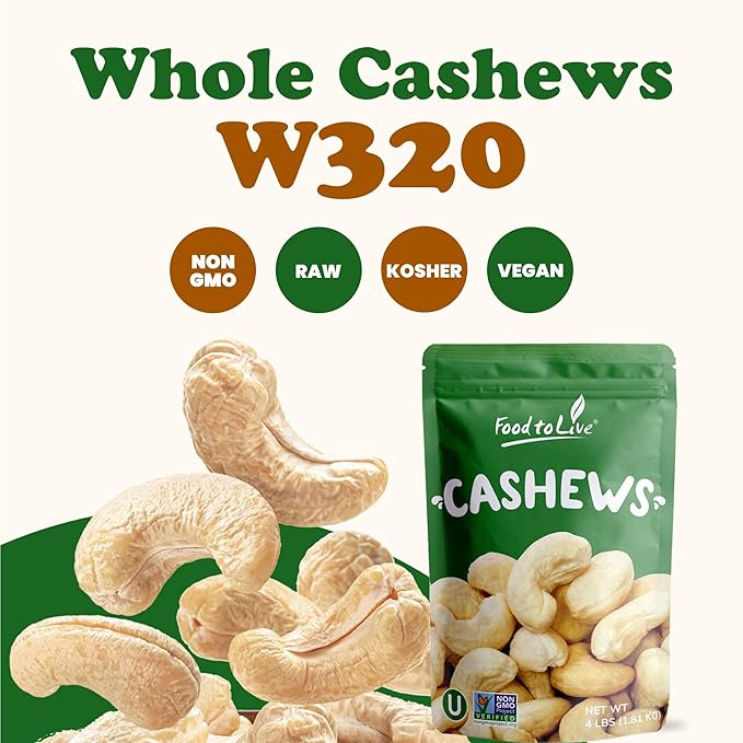 Food to Live Raw Cashews, 16 Pounds ??Non-GMO Verified, Deluxe Whole Nuts, Unsalted, Unroasted, Size W-320, Vegan, Kosher, Bulk