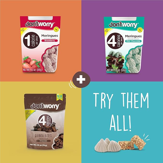 Don't Worry Chocolate Quinoa Bites - Low Calorie Snacks, Only 4 Calories per Piece!, Healthy Chocolate Granola Bars, Low Carb Quinoa Snacks, Gluten Free Protein Cookies - (Almond Pecan, 6 Pack)