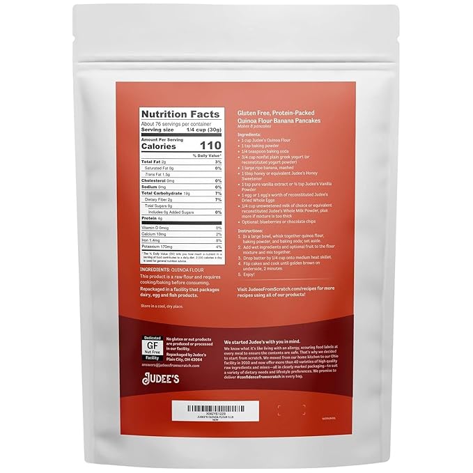 Judee's Quinoa Flour 5 lb - Made In USA, Non-GMO, Vegan - Great for Making Pancakes, Muffins, Pie Crusts, Quiches, and Breads - Made in a Dedicated Gluten-Free Facility