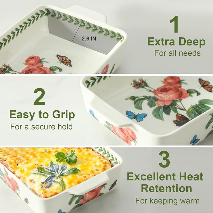 Ceramic Baking Casserole Dish with Handles, Large 8x13 inch & 6x10 inch Pan and Middle Baking Pan - Porcelain Serving Bakeware Set (Pink rose)