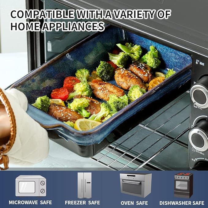 KOOV Bakeware Set, Ceramic Baking Dish Set, Rectangular Casserole Dish Set, lasagna Pan, Baking Pans Set for Cooking, Cake Dinner, Kitchen, 9 x 13 Inches, Reactive Glaze 3-Piece (Nebula Blue)