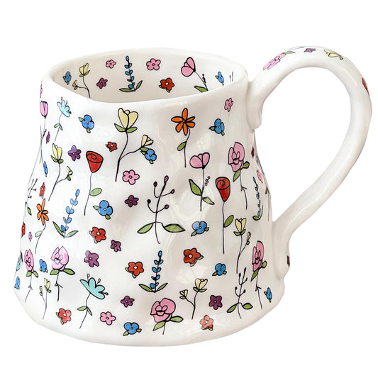 Large Ceramic Coffee Mug Cute Flower with Handmade Big Handle, 20oz Girly Pink Floral Tea Cup for