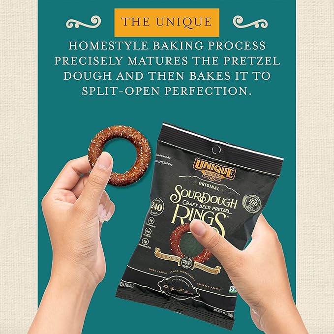Unique Snacks Sourdough Craft Beer Pretzel Rings, Delicious Homestyle Baked Snack Bag, Vegan, OU Kosher, and Non-GMO Food, No Artificial Flavor, 2.12 Oz. Bag, Pack of 12