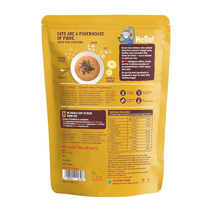 Slurrp Farm Millet Pancake Mix | Banana Choco-Chip | Made with Oats & Jowar | No Refined Sugar or Maida | Healthy Breakfast for Kids & Toddlers | 5.29 Oz (150g)