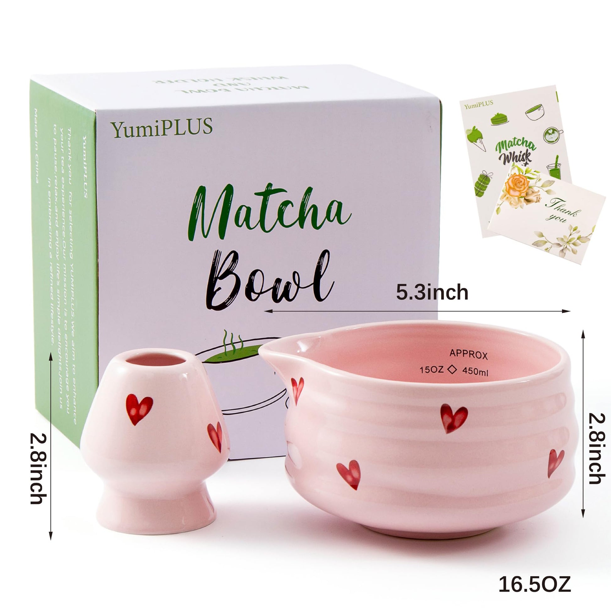 YumiPLUS Ceramic Matcha Bowl with Bamboo Whisk Holder, Pink Love, Set of 2