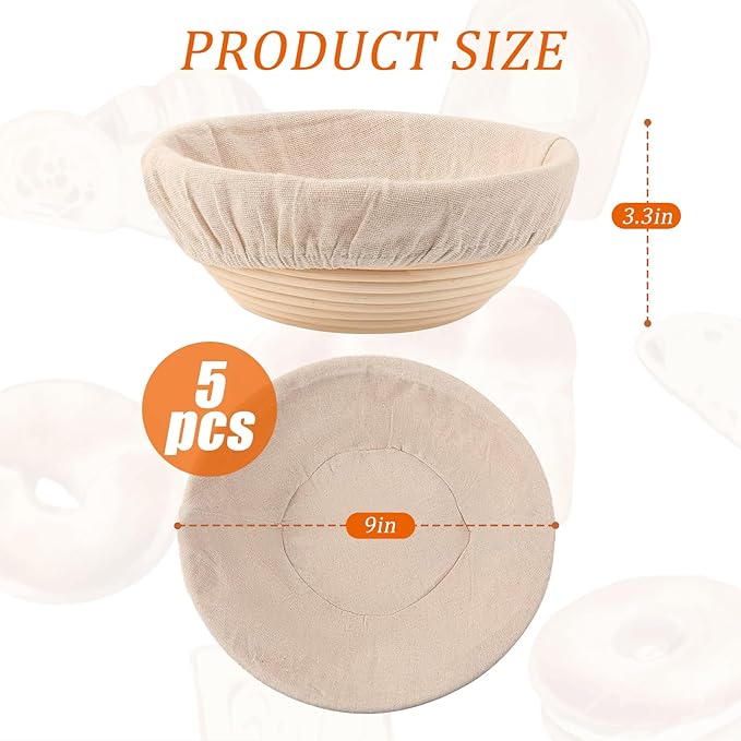 9 inch Round Banneton Bread Proofing Basket Sourdough Bread Baking Supplies Set of 5 Sourdough Starter Kit Baking Gifts