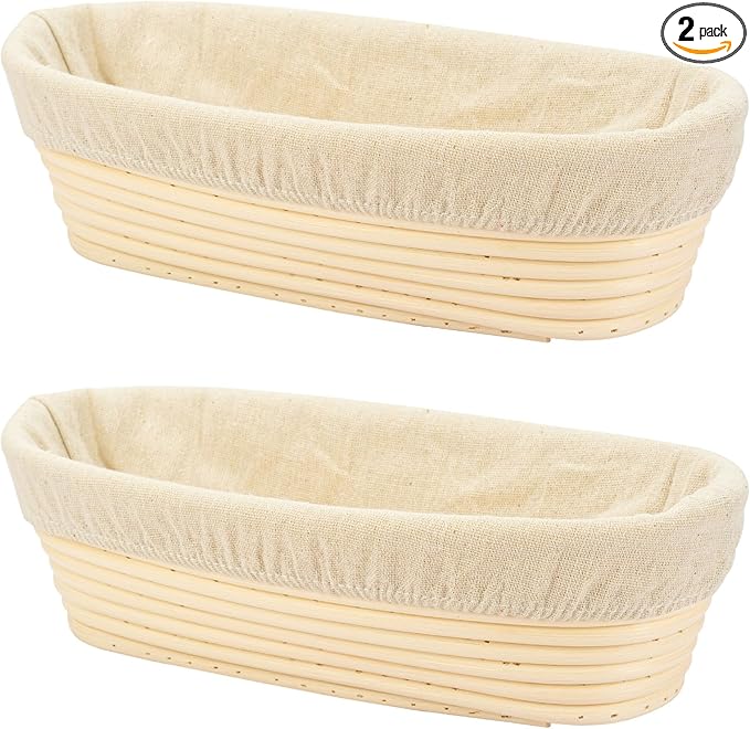 2 PCS 10 inch Oval Long Banneton Brotform Bread Dough Proofing Rising Rattan Basket & Liner for Professional & Home Bakers