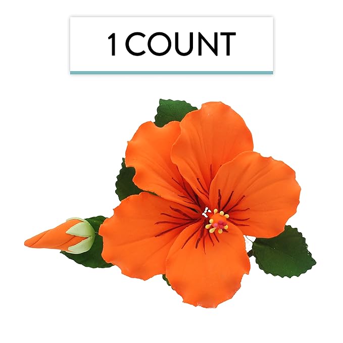 Global Sugar Art Hibiscus Sugar Cake Flowers Spray, Orange Hawaiian Cake Flower Large, 1 Count by Chef Alan Tetreault