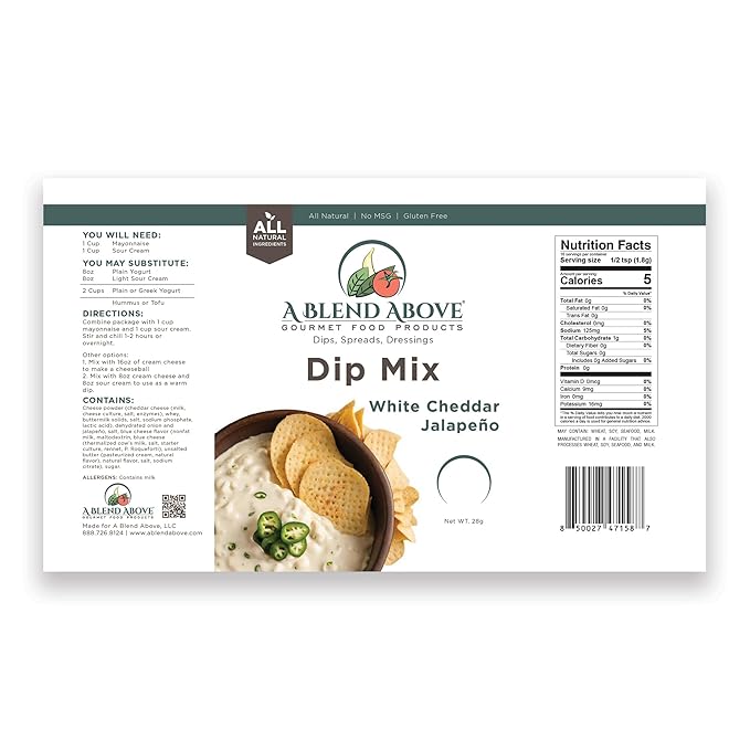 A Blend Above White Cheddar Jalapeno Dip Mix, 3 Packs, 1 oz Each, Makes 16 Ounces, Gluten-Free, No MSG, All Natural, No Preservatives, Vegan Friendly, Keto Friendly, Low Carb, Easy to Make