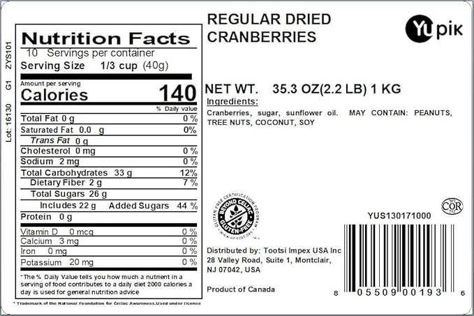 Yupik Dry Fruit, Dried Cranberries, 2.2 lb (Pack of 2)