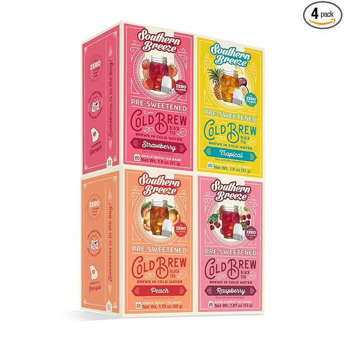 Southern Breeze Cold Brew Sweet Tea Variety Pack Iced Tea with Black Tea and Zero Carbs Zero Sugar, 20 Individually Wrapped Tea Bags, Pack of 4 Strawberry, Peach, Raspberry and Tropical