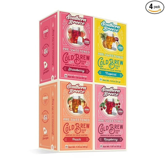 Southern Breeze Cold Brew Sweet Tea Variety Pack Iced Tea with Black Tea and Zero Carbs Zero Sugar, 20 Individually Wrapped Tea Bags, Pack of 4 Strawberry, Peach, Raspberry and Tropical