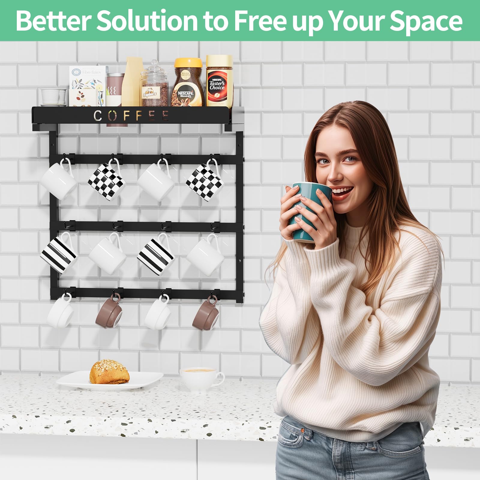 ZDDLOINP Coffee Mug Holder Wall Mounted with 12 Movable Hooks
