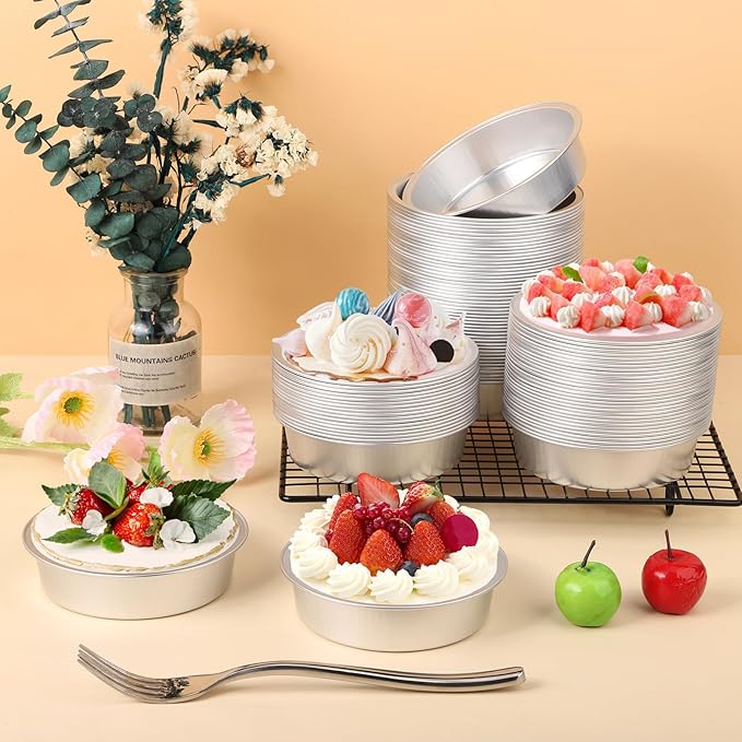 Beasea Aluminum Ramekins, 100 Pack 4" 7.3oz 215ml Mini Disposable Baking Foil Cups No Lids Ramekin Cup Cupcake Aluminum Baking Cups for Party - Silver
