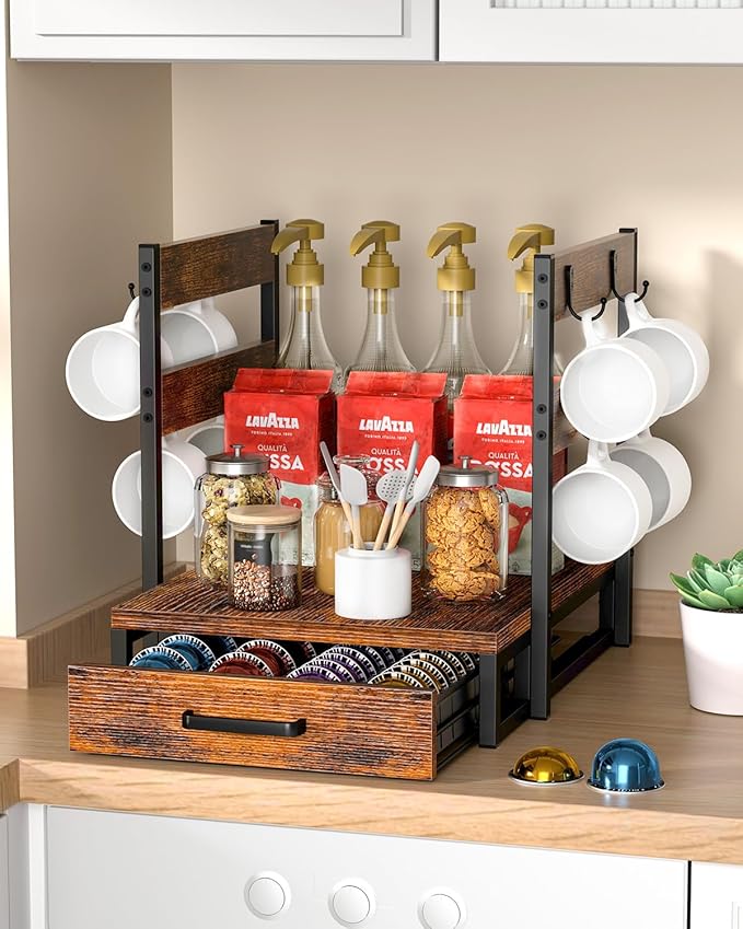 Coffee Pod Holder, Vertuo Pod Holder Compatible with Nespresso, 28 Large or 56 Small Nespresso Capsule Organizer Drawer Station with Cup Rack, Rustic Brown