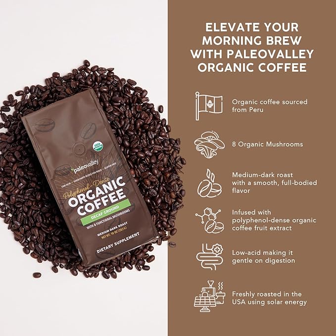 Paleovalley Organic Ground Coffee, 10 oz - Decaf, Low Acid, Single-Origin, Polyphenol-Rich, Infused with Mushrooms & Coffee Fruit Extract