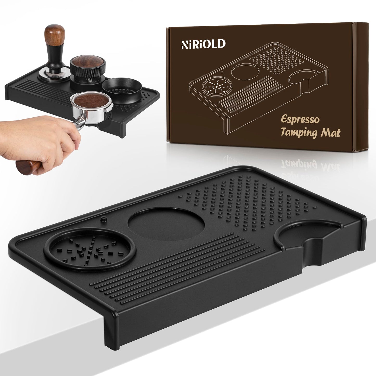 NiRiOLD Espresso Tamping Mat, Coffee Tamper Mat, Food Grade Silicone 10.43″×5.63″ Portafilter Mat