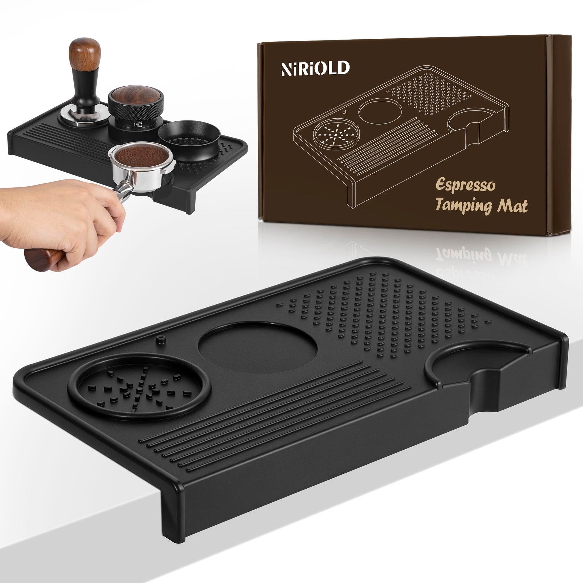 NiRiOLD Espresso Tamping Mat, Coffee Tamper Mat, Food Grade Silicone 10.43″×5.63″ Portafilter Mat