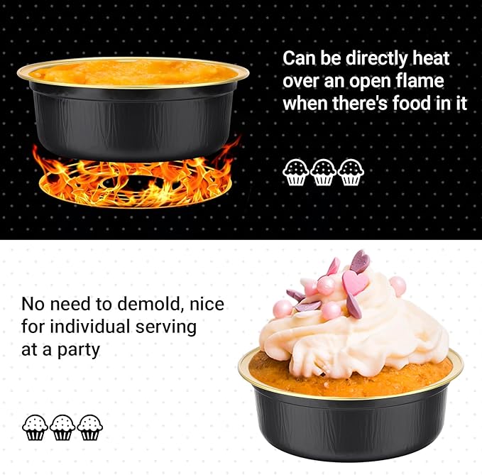 Beasea Disposable Ramekins with Lids, 20 Pack 8.8oz 260ml 4 Inch Disposable Round Aluminum Foil Cups Cupcake Mini Pudding Baking Cups for Party - Black Gold