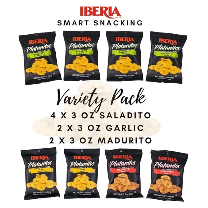 Iberia Plantain Chips, Variety, 4 Salted Plantain Chips, 2 Naturally Sweet Plantain Chips, 2 Garlic Plantain Chips, 3 Ounce (Pack of 8)