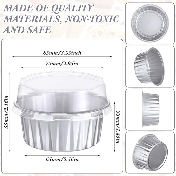 Gejoy 400 Pcs Aluminum Foil Baking Cups with Lids 5 oz Disposable Ramekins Mini Cake Pans Creme Brulee Cupcake Liners Muffin Tins Flan Mold Dessert Container for Wedding(Silver,Classic)