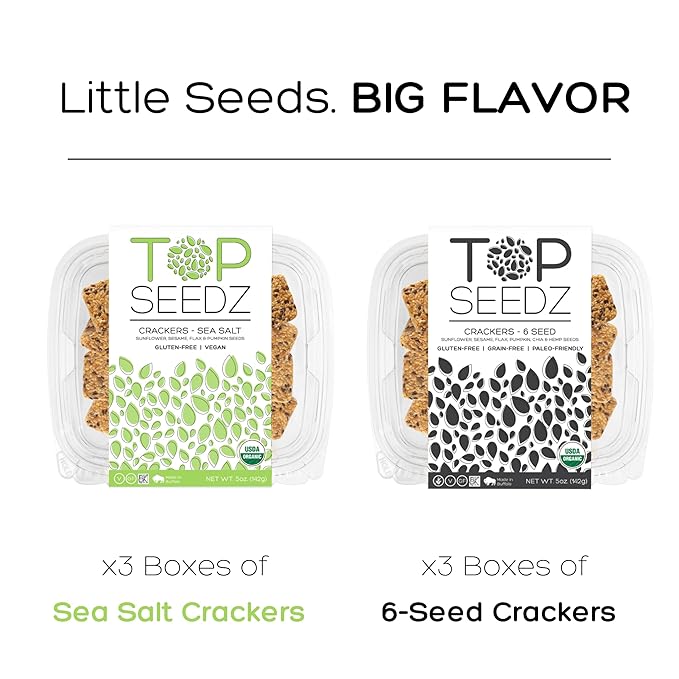 Top Seedz Certified Organic Gluten Free Sea Salt & 6 Seed Crackers | 6-Pack | 5 Ounces | Healthy Vegan Crackers with Plant Based Protein | Made of Sunflower, Flax, Sesame and Pumpkin Seed