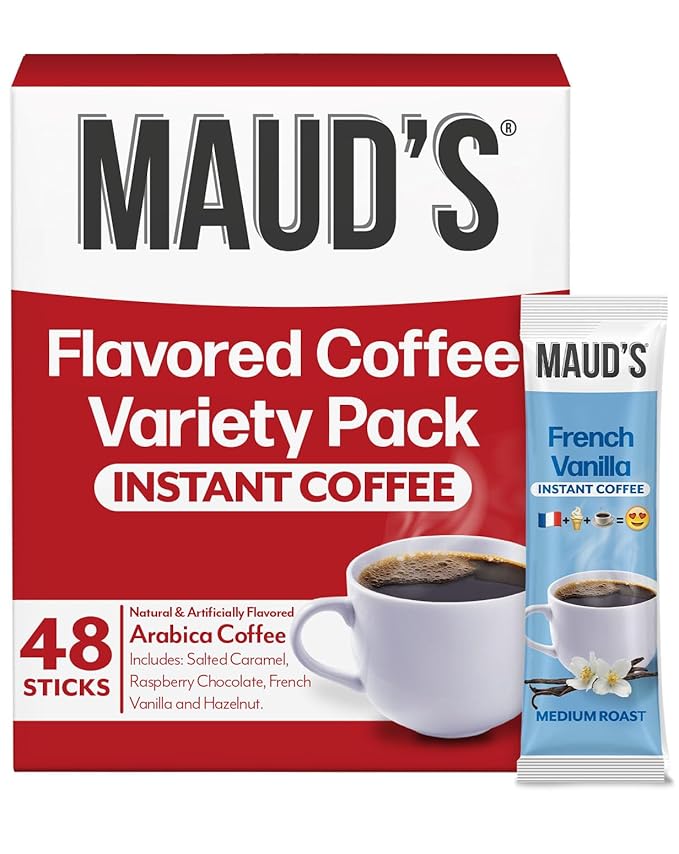 Maud's Flavored Instant Coffee Variety Pack, 48 ct, Caramel, Hazelnut, Raspberry, Vanilla, 100% Arabica Coffee, Medium Roast, Instant Hot or Iced Coffee - Just add water