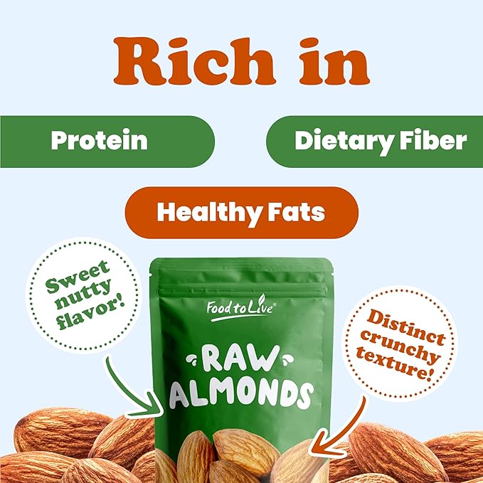 Food to Live California Almonds, 8 Ounces – Supreme, Whole, Raw, Unsalted, Unroasted Nuts, Natural