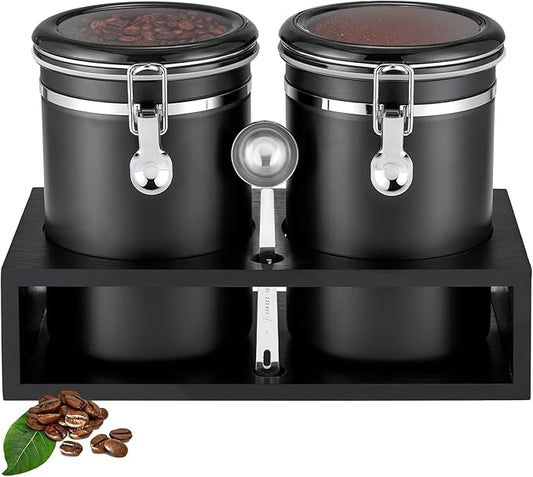 Yangbaga Ground Coffee Storage Container with Shelf, 2횞63OZ 304 Stainless Steel Coffee and Sugar Container,Airtight Coffee Canisters with Scoop, Food Storage Jars for Kitchen,Nuts,Tea,Sugar