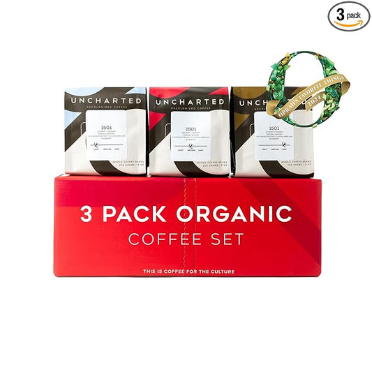 Single-Origin Organic Coffee Beans Gift Box, Light, Medium and Dark Roast Organic Whole Bean Coffee, 3 Pack Explorer, 9 oz each, 1904 Rwanda by Uncharted Coffee