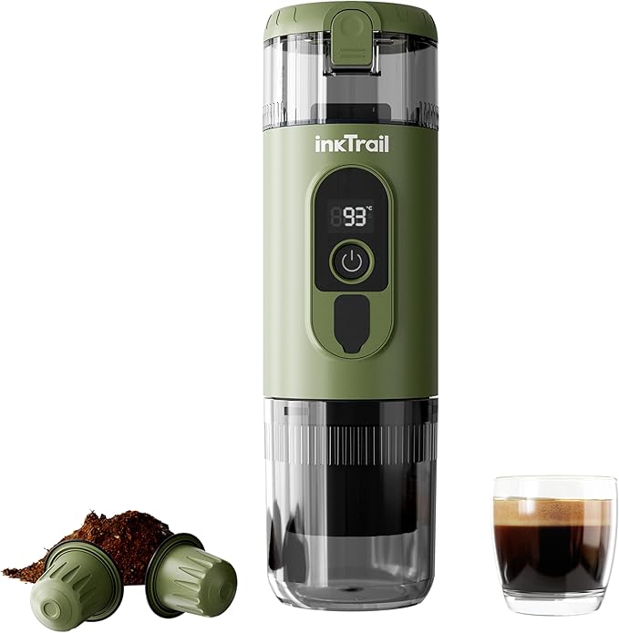 InkTrail Portable Electric Espresso Machine,Travel Coffee Maker for Camping, Self-Heating with Rechargeable Battery, Compatible with Ground Coffee & NS Original Capsule for Car, RV, Hiking, Office