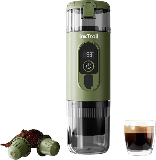 InkTrail Portable Electric Espresso Machine,Travel Coffee Maker for Camping, Self-Heating with Rechargeable Battery, Compatible with Ground Coffee & NS Original Capsule for Car, RV, Hiking, Office