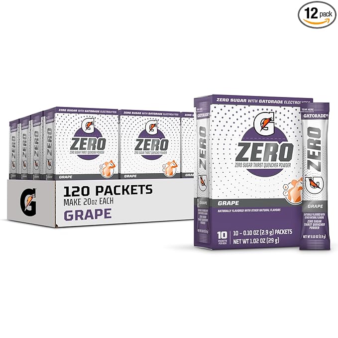 Gatorade G Zero Sports Drink Mix Powder Packets, Grape, Electrolyte Powder Drink Mix for Hydration, Zero Sugar, Total 120 Packets
