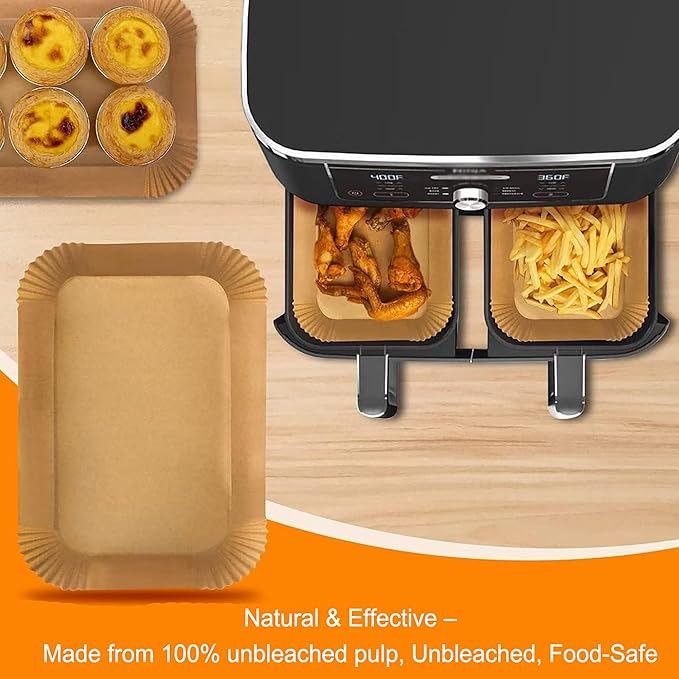 Air Fryer Disposable Paper Liner, 200 Pack Baking Paper for Ninja Foodi DZ201 DZ401 Dual Air Fryer, Food-Grade Non-Stick Waterproof Oil-Proof Parchment Liners (9 x 6 inch)